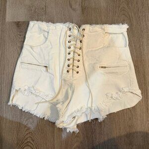 Meek White High Rise Lace-Up Denim Shorts Size Medium